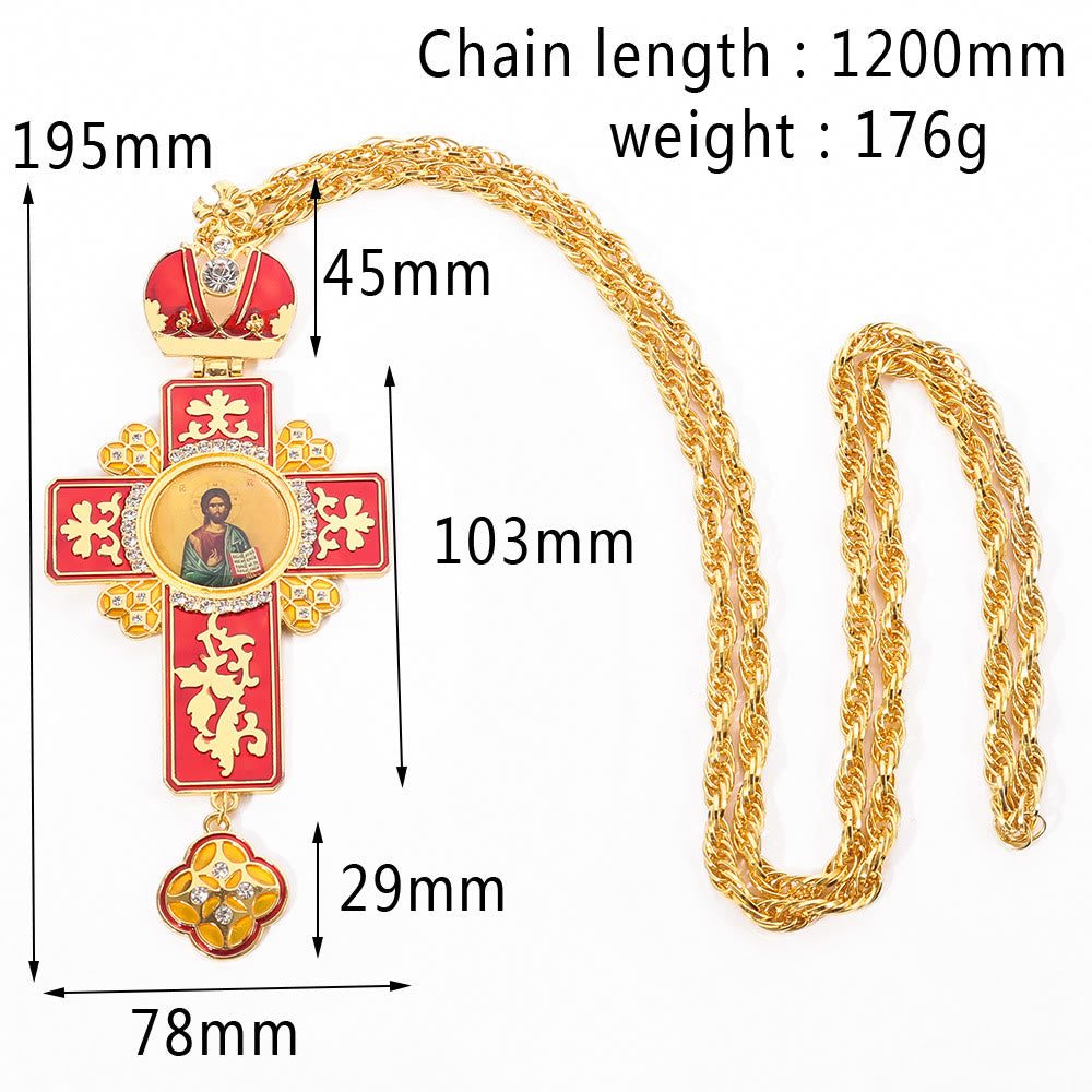 Gem-Adorned Ornate Orthodox Cross Pendant Necklace: Emblem of Redemption & Divine Glory