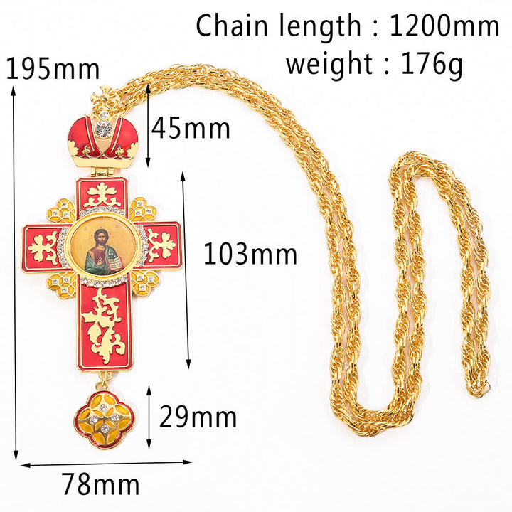 Gem-Adorned Ornate Orthodox Cross Pendant Necklace: Emblem of Redemption & Divine Glory