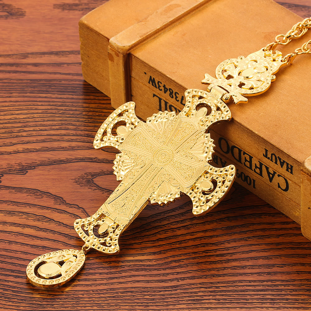 Gem-Adorned Ornate Orthodox Cross Pendant Necklace: Emblem of Redemption & Divine Glory