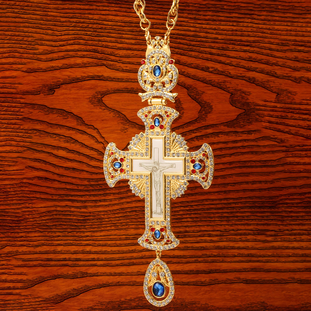 Gem-Adorned Ornate Orthodox Cross Pendant Necklace: Emblem of Redemption & Divine Glory