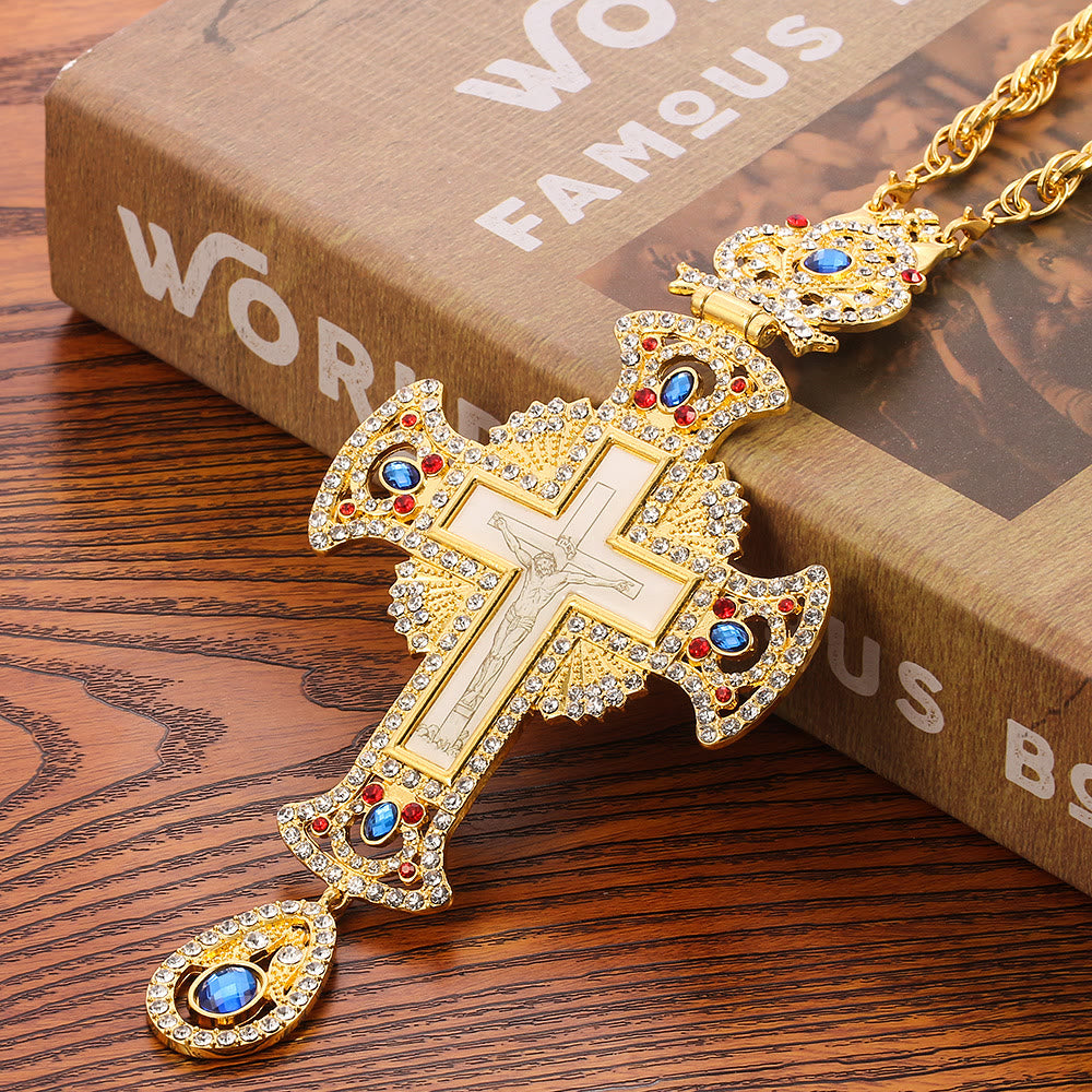 Gem-Adorned Ornate Orthodox Cross Pendant Necklace: Emblem of Redemption & Divine Glory
