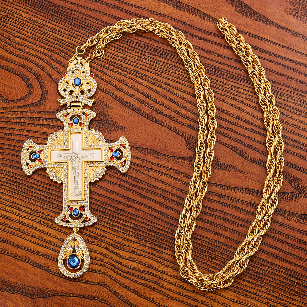 Gem-Adorned Ornate Orthodox Cross Pendant Necklace: Emblem of Redemption & Divine Glory