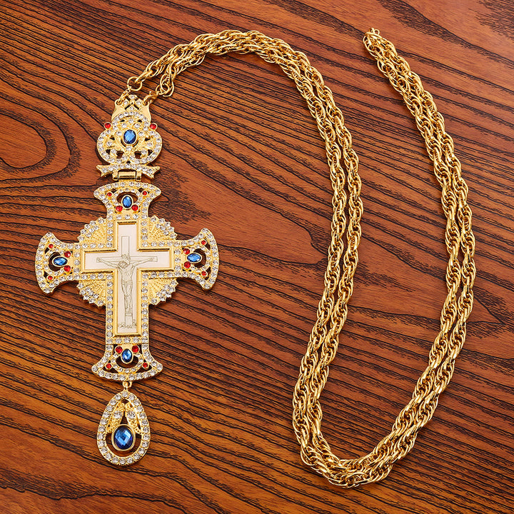 Gem-Adorned Ornate Orthodox Cross Pendant Necklace: Emblem of Redemption & Divine Glory
