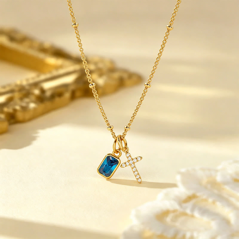 Sacred Cross & Rectangular Gem Charm Faith Necklace: Symbol Of Divine Grace & Devotion