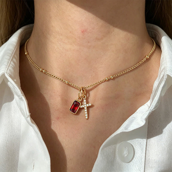 Sacred Cross & Rectangular Gem Charm Faith Necklace: Symbol Of Divine Grace & Devotion