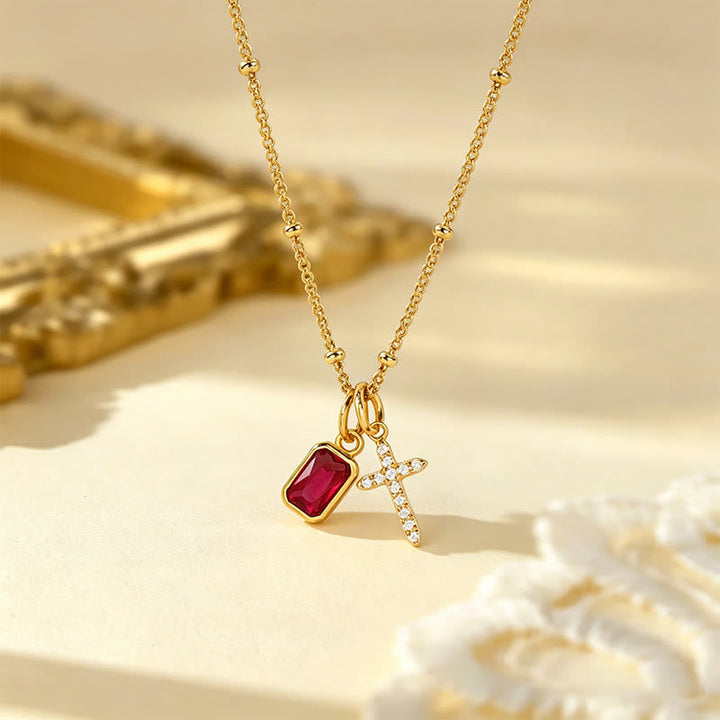Sacred Cross & Rectangular Gem Charm Faith Necklace: Symbol Of Divine Grace & Devotion