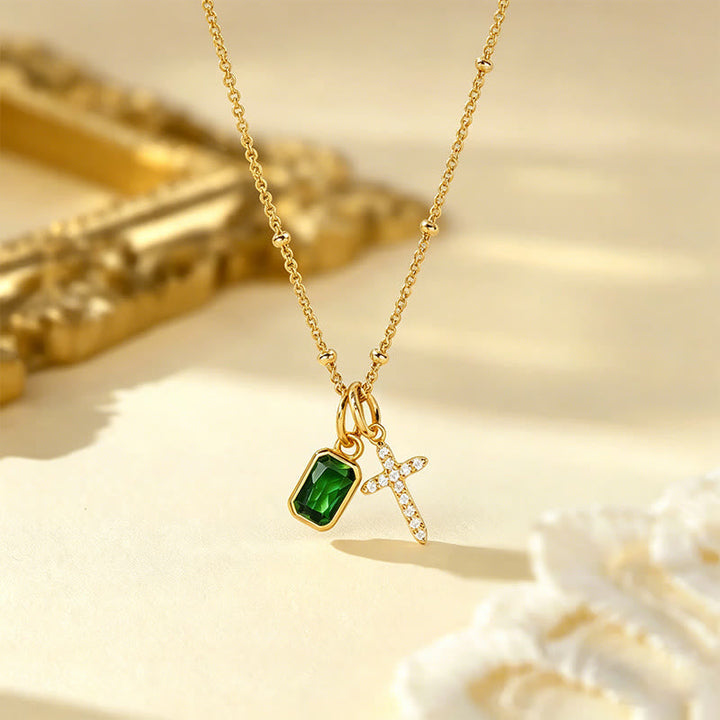 Sacred Cross & Rectangular Gem Charm Faith Necklace: Symbol Of Divine Grace & Devotion