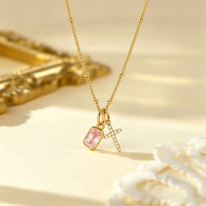 Sacred Cross & Rectangular Gem Charm Faith Necklace: Symbol Of Divine Grace & Devotion