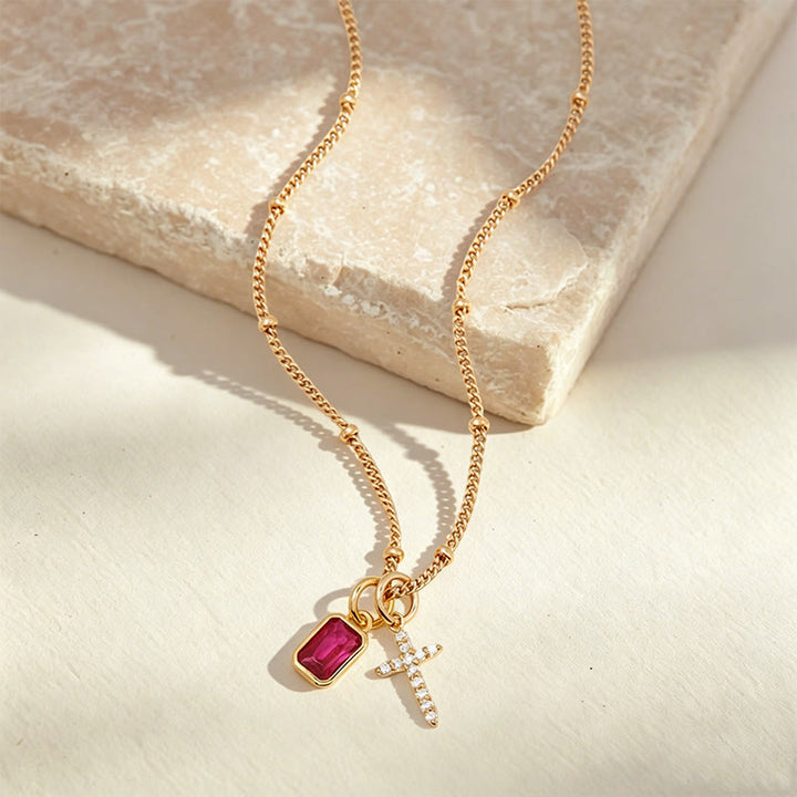 Sacred Cross & Rectangular Gem Charm Faith Necklace: Symbol Of Divine Grace & Devotion