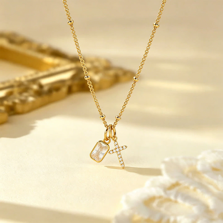 Sacred Cross & Rectangular Gem Charm Faith Necklace: Symbol Of Divine Grace & Devotion