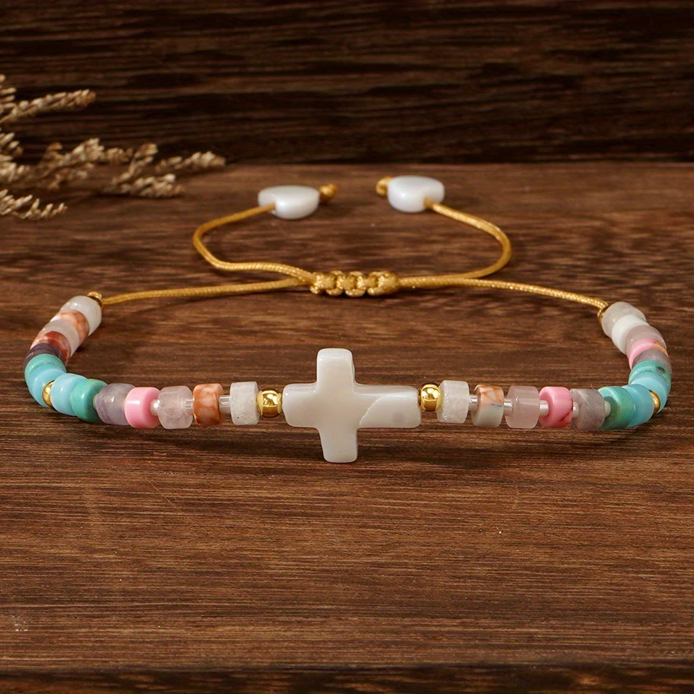 Hollow Cross Natural Stone Bead Friendship Bracelet: Icon of Spiritual Devotion