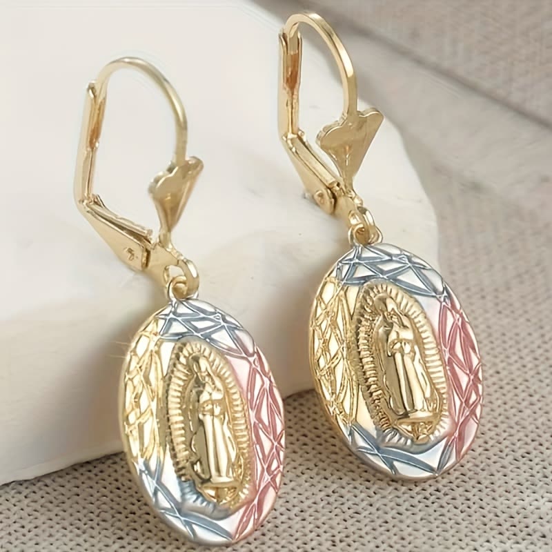 Ornate Our Lady Oval Drop Earrings: Embodying Maternal Grace & Divine Protection