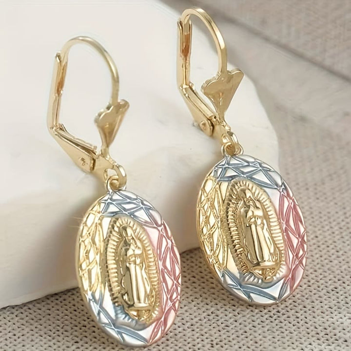 Ornate Our Lady Oval Drop Earrings: Embodying Maternal Grace & Divine Protection