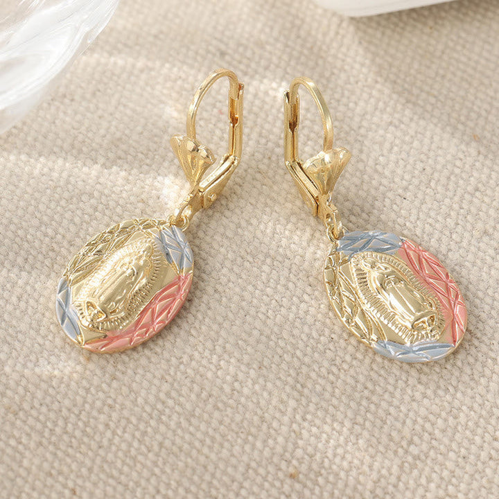 Ornate Our Lady Oval Drop Earrings: Embodying Maternal Grace & Divine Protection