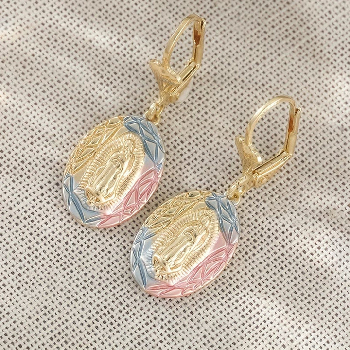 Ornate Our Lady Oval Drop Earrings: Embodying Maternal Grace & Divine Protection