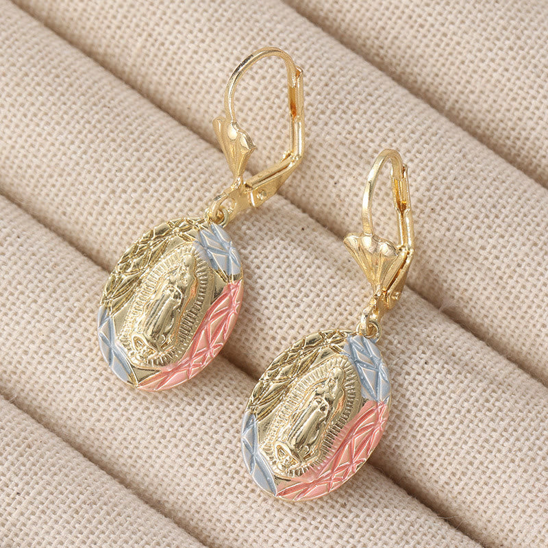 Ornate Our Lady Oval Drop Earrings: Embodying Maternal Grace & Divine Protection VIP