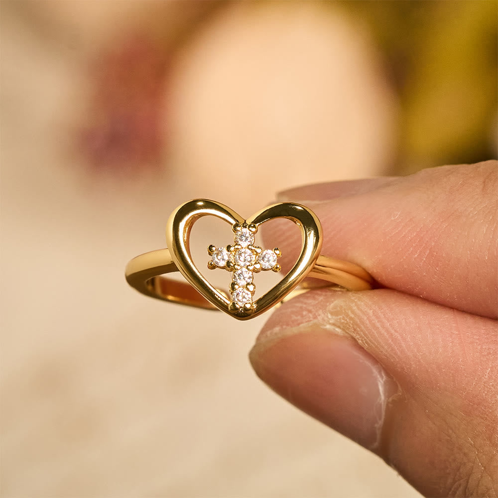 Elegant Heart Cross Open Ring: Emblem Of Devoted Faith & Heavenly Guidance