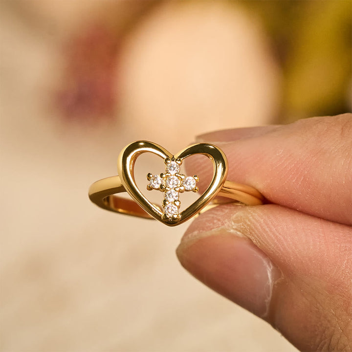 Elegant Heart Cross Open Ring: Emblem Of Devoted Faith & Heavenly Guidance