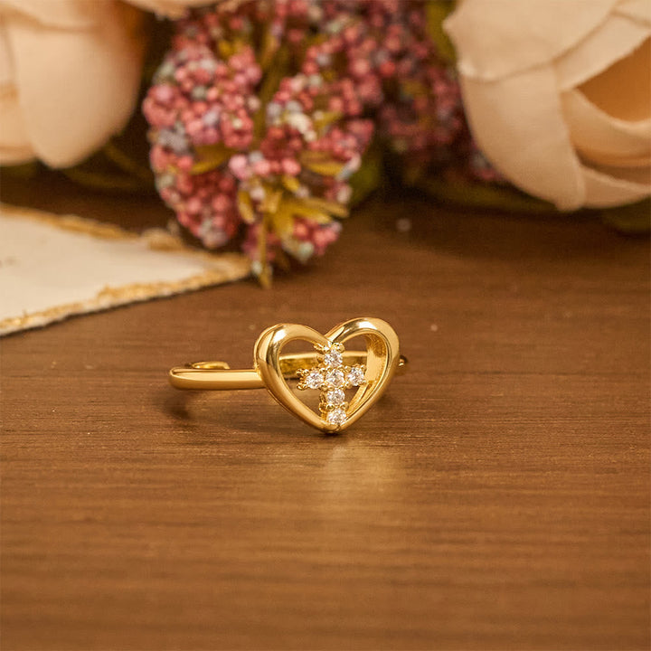 Elegant Heart Cross Open Ring: Emblem Of Devoted Faith & Heavenly Guidance
