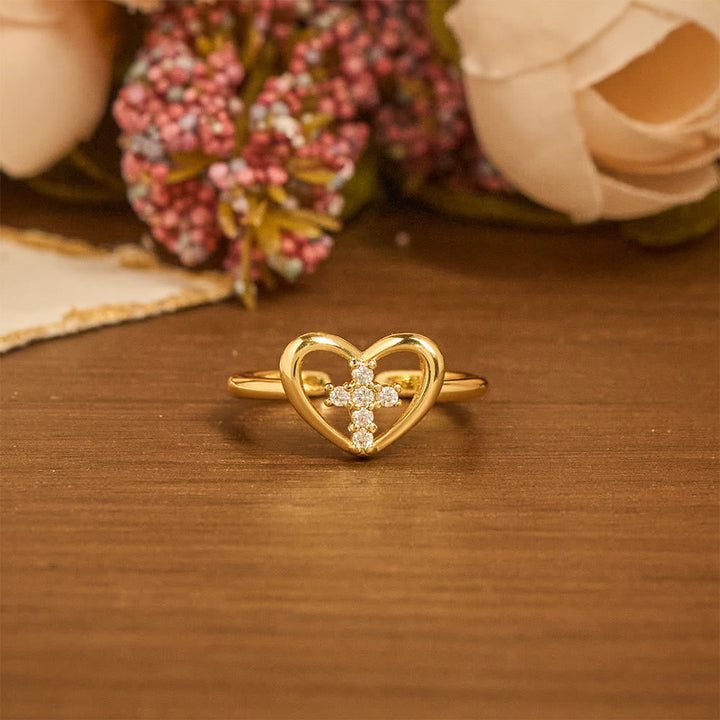 Elegant Heart Cross Open Ring: Emblem Of Devoted Faith & Heavenly Guidance