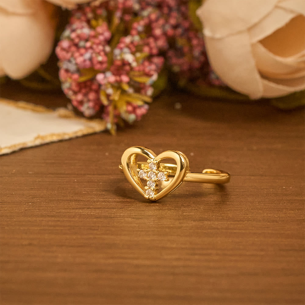 Elegant Heart Cross Open Ring: Emblem Of Devoted Faith & Heavenly Guidance
