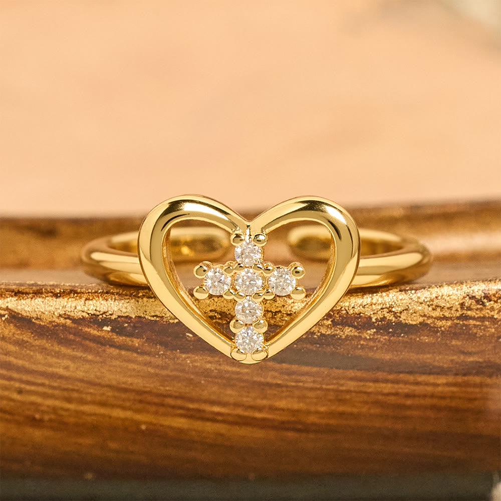 Elegant Heart Cross Open Ring: Emblem Of Devoted Faith & Heavenly Guidance