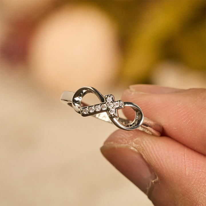 Elegant Infinity Cross Open Ring with Engraving: Emblem of Spiritual Strength & Divine Guidance