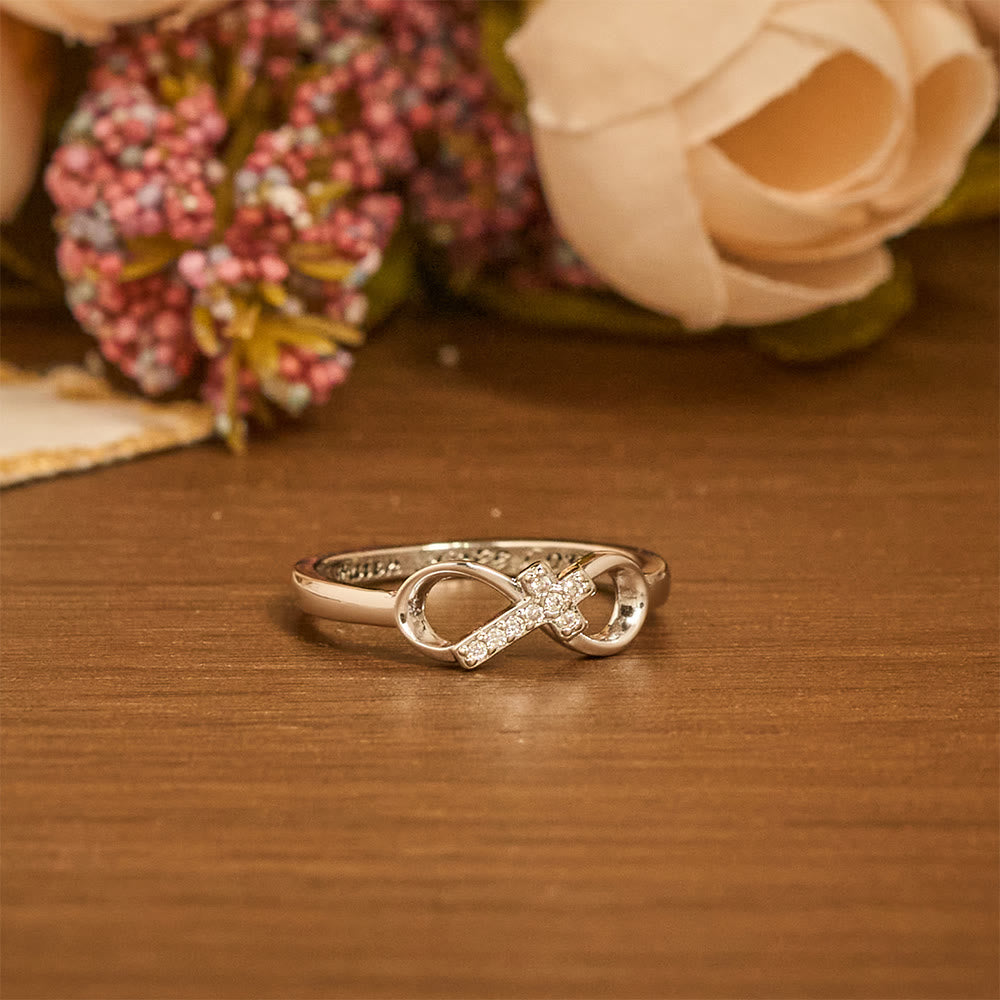 Elegant Infinity Cross Open Ring with Engraving: Emblem of Spiritual Strength & Divine Guidance