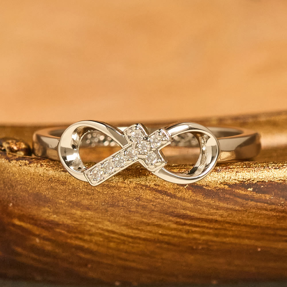 Elegant Infinity Cross Open Ring with Engraving: Emblem of Spiritual Strength & Divine Guidance