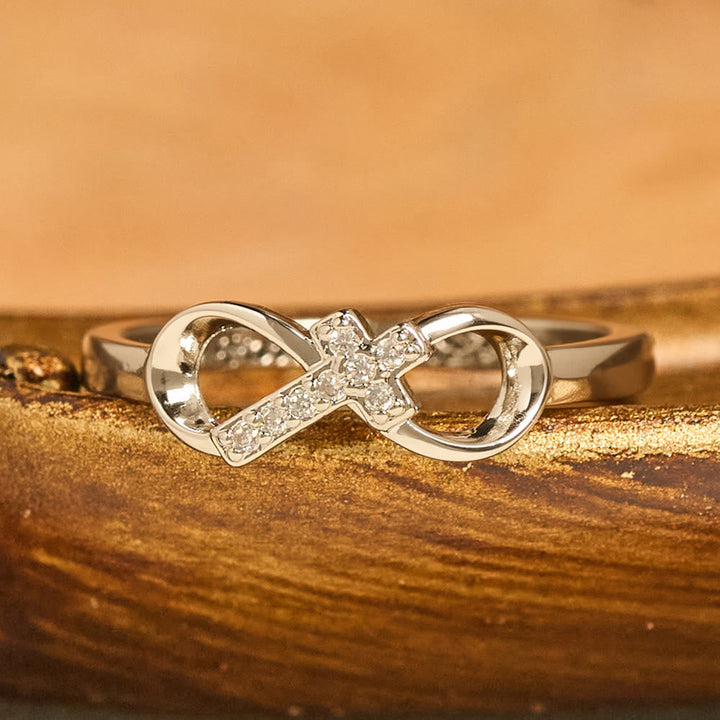 Elegant Infinity Cross Open Ring with Engraving: Emblem of Spiritual Strength & Divine Guidance