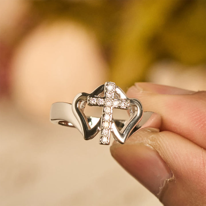 Intricate Twin Hearts Cross Ring: Emblem Of Spiritual Strength & Unwavering Faith