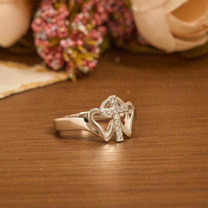 Intricate Twin Hearts Cross Ring: Emblem Of Spiritual Strength & Unwavering Faith