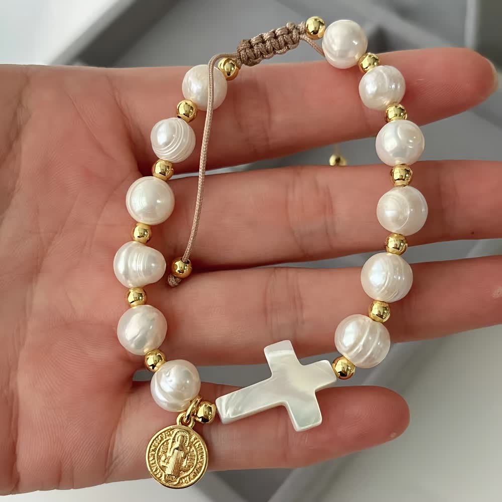 Elegant Saint Benedict Medal Adjustable Glass Bracelet: Spiritual Blessing Jewelry
