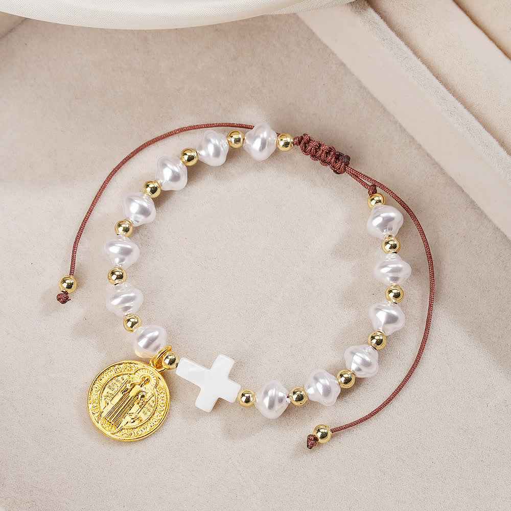 Elegant Saint Benedict Medal Adjustable Glass Bracelet: Spiritual Blessing Jewelry