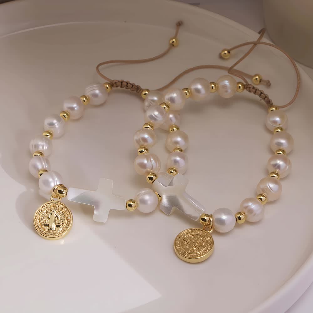 Elegant Saint Benedict Medal Adjustable Glass Bracelet: Spiritual Blessing Jewelry