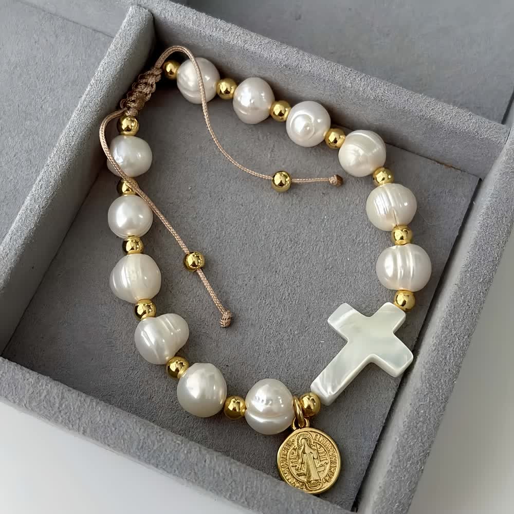 Elegant Saint Benedict Medal Adjustable Glass Bracelet: Spiritual Blessing Jewelry