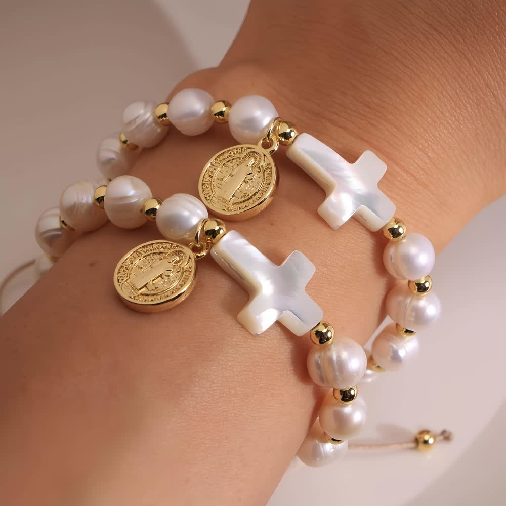 Elegant Saint Benedict Medal Adjustable Glass Bracelet: Spiritual Blessing Jewelry