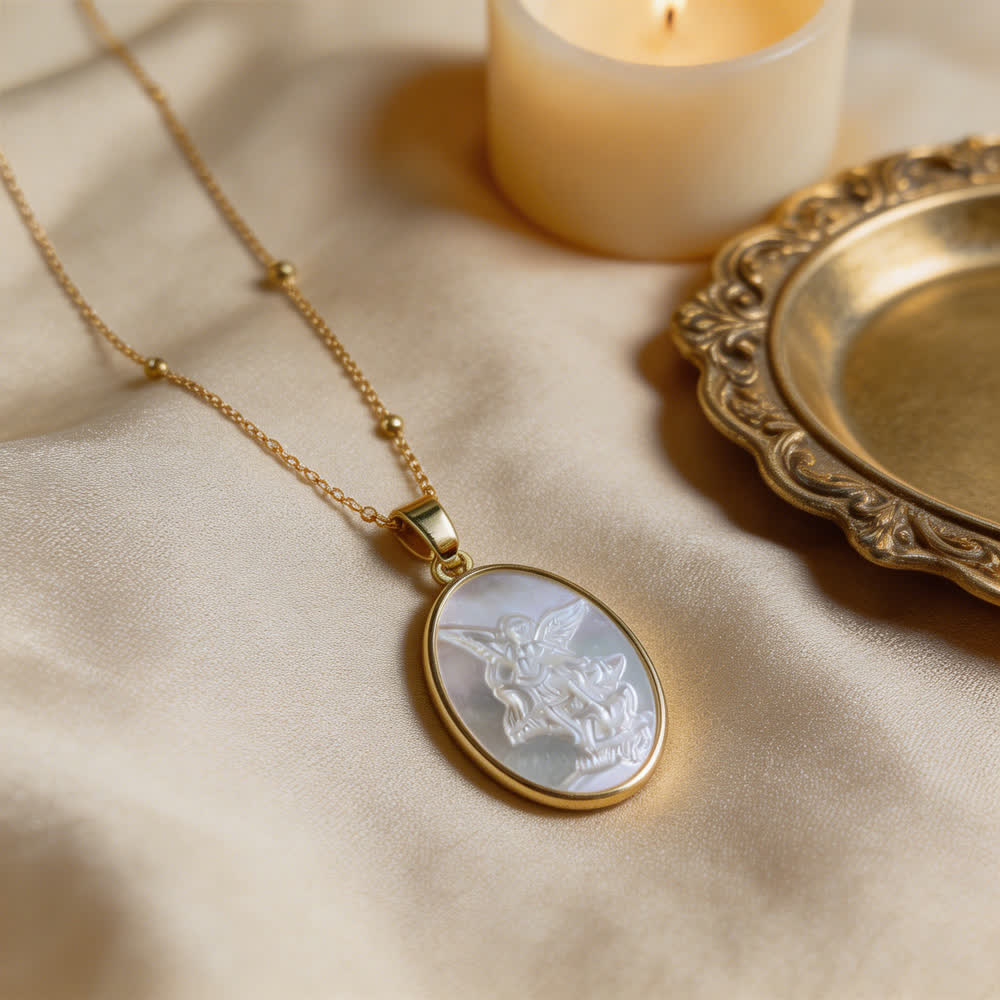 Natural White Pearl Saint Necklace: Sacred Heart, Jesus, Our Lady & St. Michael