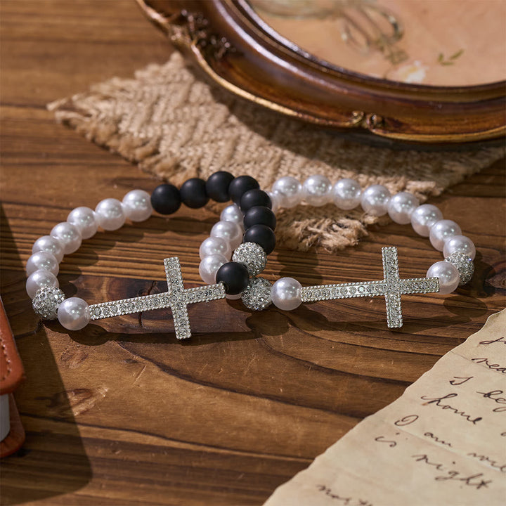 Two-Piece White Bead & Black Mate Bead Cross Bracelet Set: Emblem of Divine Purity & Redemption