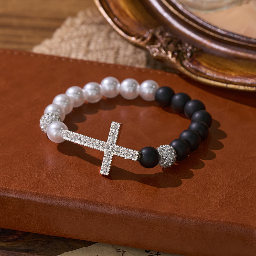Two-Piece White Bead & Black Mate Bead Cross Bracelet Set: Emblem of Divine Purity & Redemption