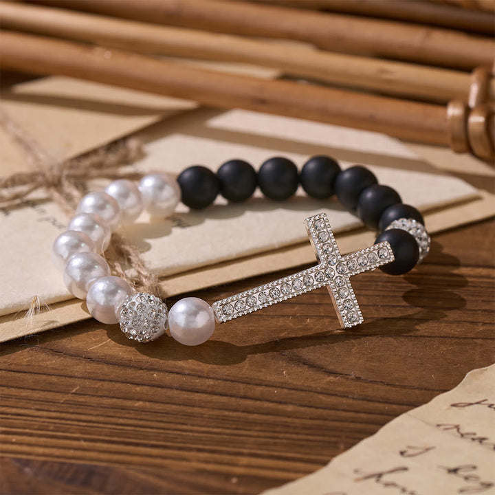 Two-Piece White Bead & Black Mate Bead Cross Bracelet Set: Emblem of Divine Purity & Redemption