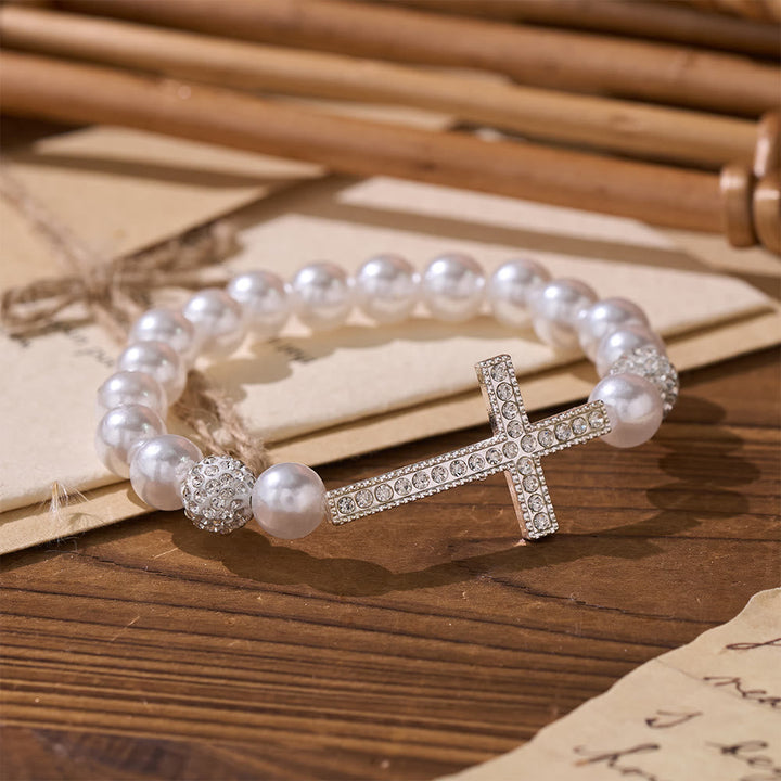 Two-Piece White Bead & Black Mate Bead Cross Bracelet Set: Emblem of Divine Purity & Redemption