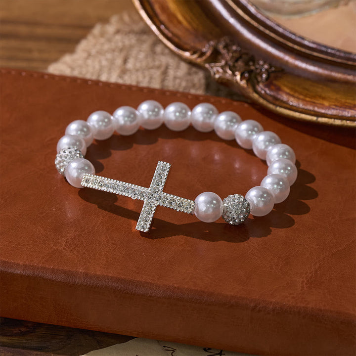 Two-Piece White Bead & Black Mate Bead Cross Bracelet Set: Emblem of Divine Purity & Redemption