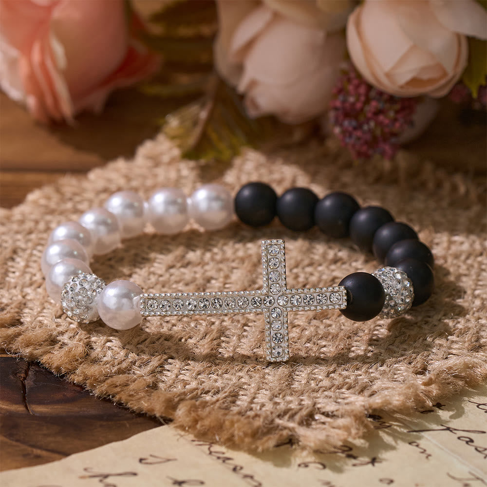 Two-Piece White Bead & Black Mate Bead Cross Bracelet Set: Emblem of Divine Purity & Redemption