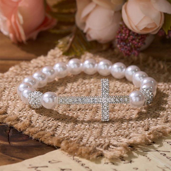 Two-Piece White Bead & Black Mate Bead Cross Bracelet Set: Emblem of Divine Purity & Redemption