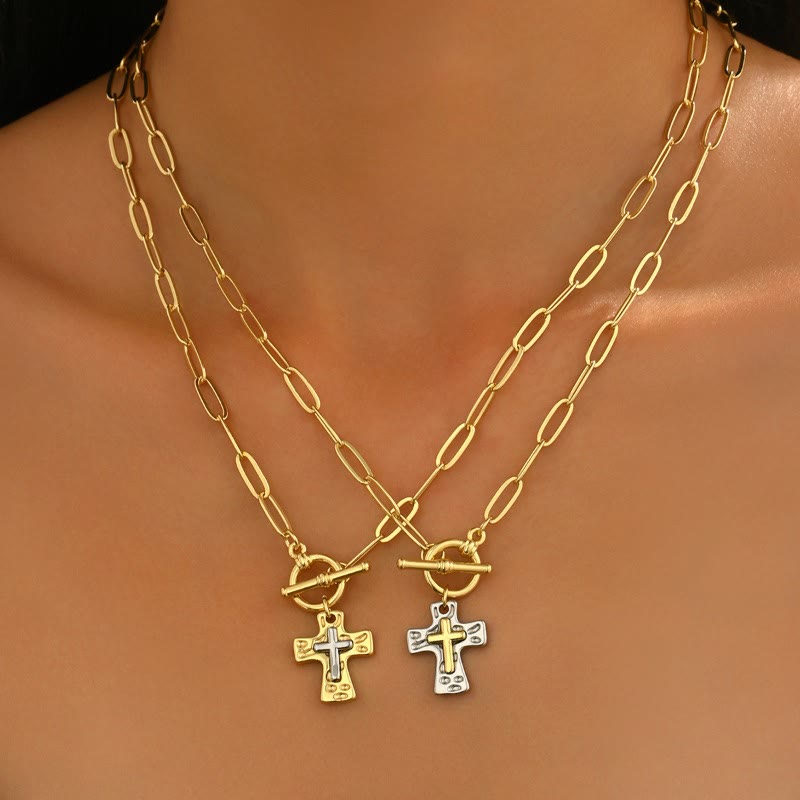 Dual-Tone Textured Cross Chain with OT Clasp: A Token of Divine Connection