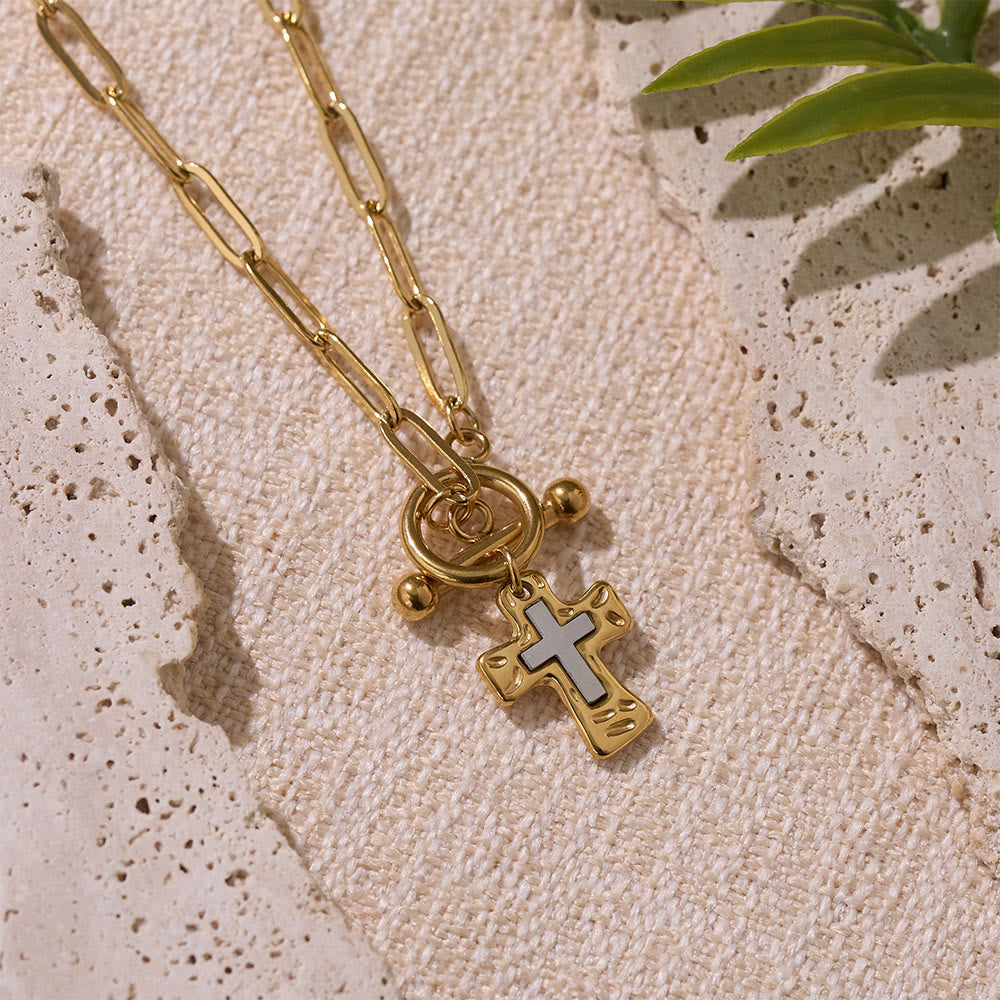 Dual-Tone Textured Cross Chain with OT Clasp: A Token of Divine Connection