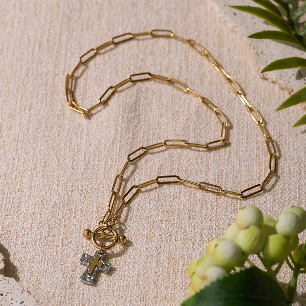 Dual-Tone Textured Cross Chain with OT Clasp: A Token of Divine Connection