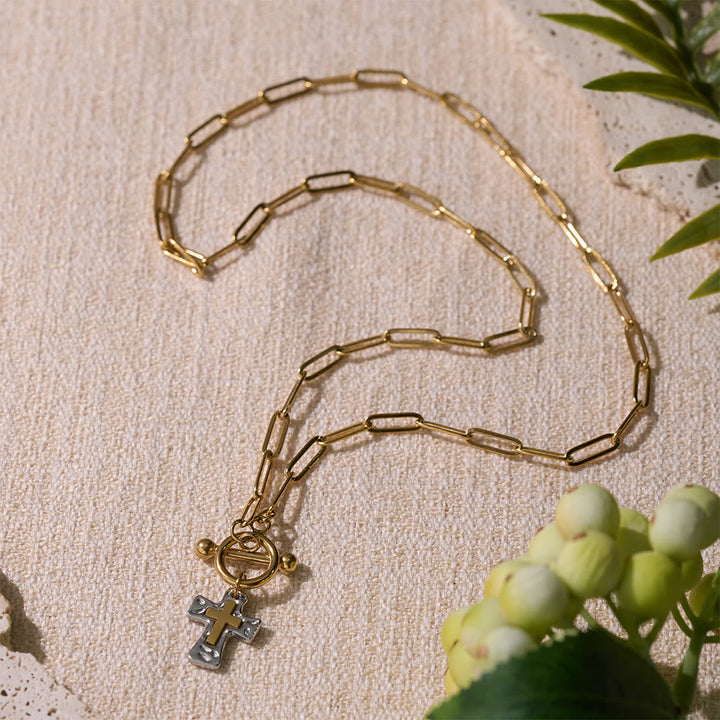 Dual-Tone Textured Cross Chain with OT Clasp: A Token of Divine Connection
