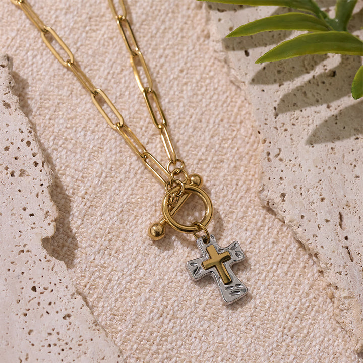 Dual-Tone Textured Cross Chain with OT Clasp: A Token of Divine Connection